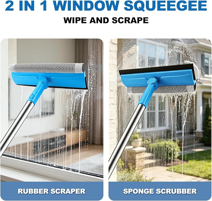 Window Squeegee, 2 in 1 Window Cleaner Tool with 57-in Extension Pole and Sponge Professional Squeegee for Window Cleaning Car Windshield Glass Shower, Blue