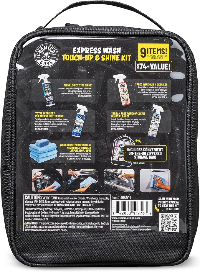 Car Detailing Kit, Interior and Exterior Cleaning, 9-Piece | Includes Tire Shine, Quick Detailer, Total Interior & Glass Cleaner, Microfiber Towels, Applicator & Storage Bag