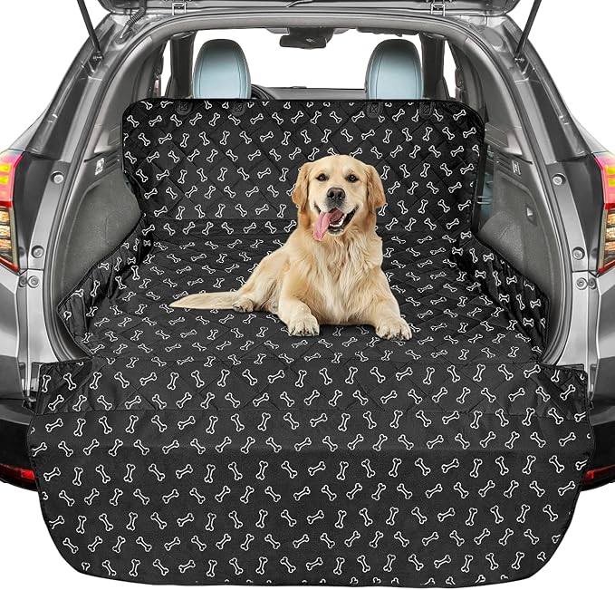 SUV Cargo Liner for Dogs, Water Resistant Pet Cargo Cover Dog Seat Cover Mat for SUVs Sedans Vans with Bumper Flap Protector, Non-Slip, Large Size Universal Fit, Bone