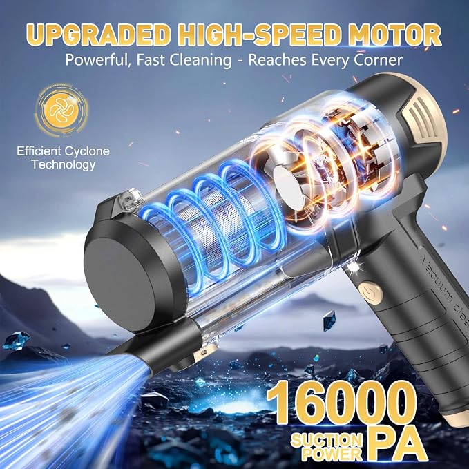 Handheld Car Vacuum Cleaner, 16000PA Air Duster & Vacuum Cleaner, 120W High Power Hand Held Vacuum Cordless, Portable Vacuum Rechargeable with Multi-Nozzles & LED Light for Car, Home, Pet, Office