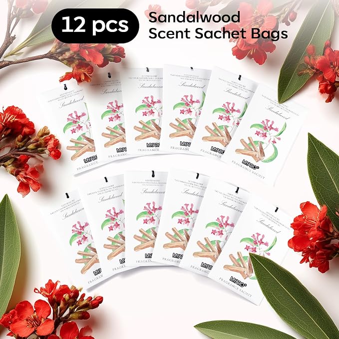 12 Pack Sandalwood Scented Sachets for Drawer, Closet & Small Spaces Air Freshener Bags, Odor Eliminator for Clothes, Car, Wardrobe, Home Fragrance Gift Set