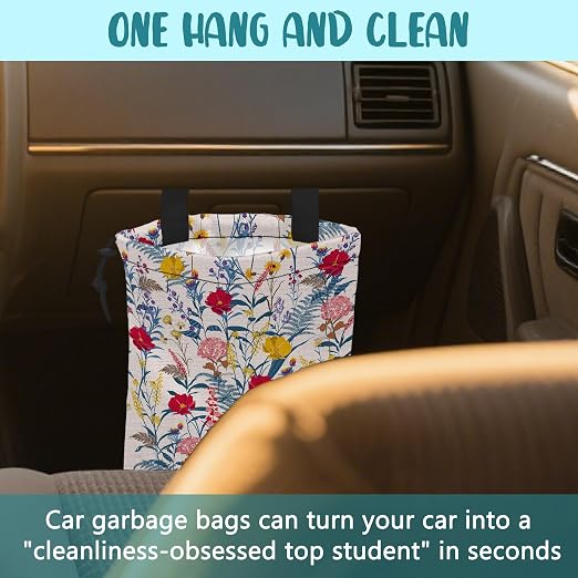 Car Garbage Bag Colorful Flowers and Leaves Drawstring Car Trash Bag Hanging for Back Seat with Adjustable Buckle Canvas Vehicle Trash Can Easy-to-Install