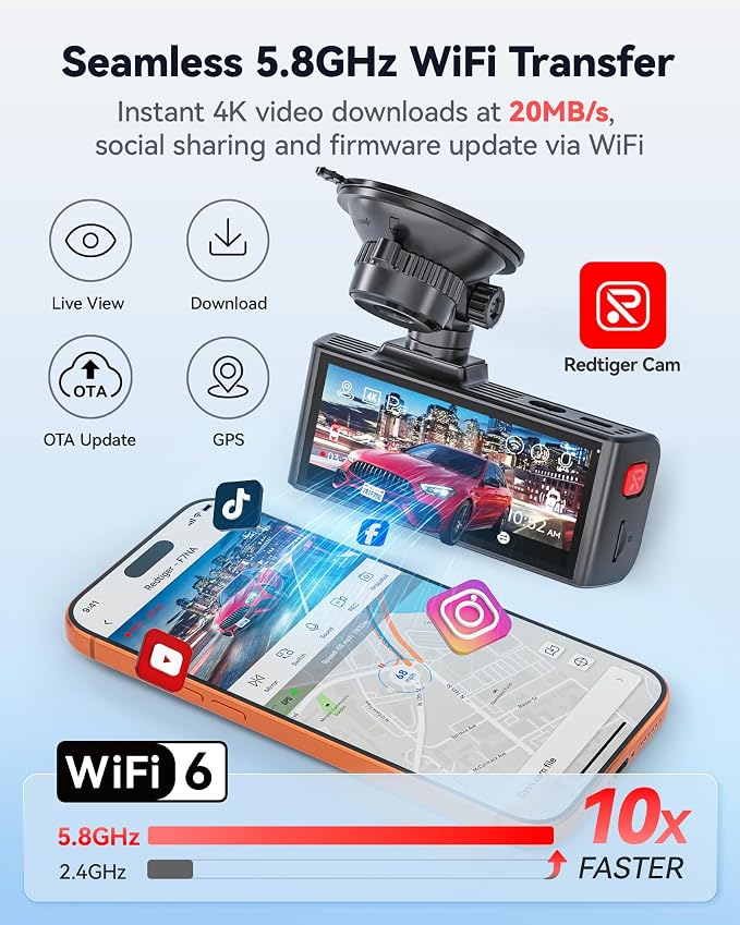F7NA 4K Dual Dash Cam, STARVIS 2 IMX678, 8MP, 5GHz WiFi (20MB/s Fast Download), 4K Front 1080P Rear, GPS, Voice Control, WDR, HDR Night Vision, 24H Parking Mode, Support 512GB Max(No SD Card)