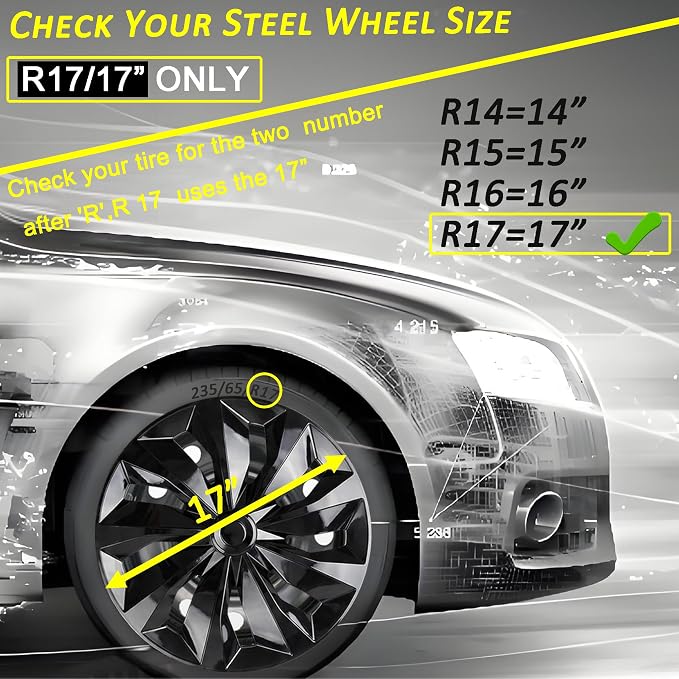 Hubcap Wheel Cover Replacement R17 Hub Caps Universal-Fit Steel Wheel Rim Cover ABS Material Exterior Accessories for Most Car Truck SUV -Set of 4（17-inch，Black）