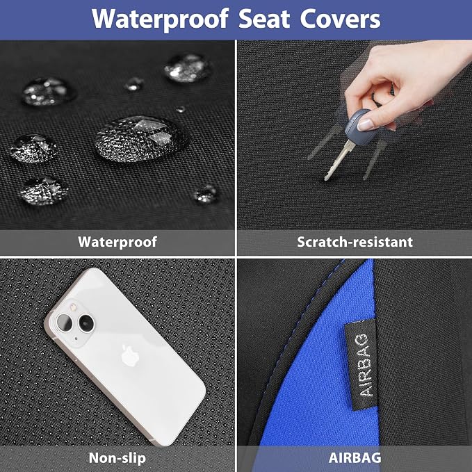 Neoprene Wetsuit Seat Covers, Waterproof Car Seat Covers Full Sets with 5mm Composite EVA, Universal Fit for Car Sedan, SUV Trucks Anti Slip with Airbag Compatible(Black Blue