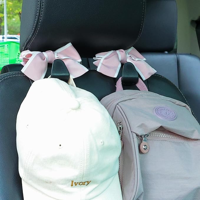 Car Seat Headrest Hook Cute Bowknot Vehicle Hanger Car Storage Organizer for Handbag Purse Coat Grocery Bag Black Pink