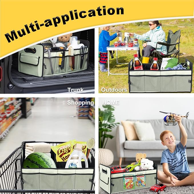Car Trunk Organizer, Car Organizers and Storage Collapsible Multi Compartment Container Box, Adjustable Car Accessories for SUV Sedan Truck, Standard Size, Light Green