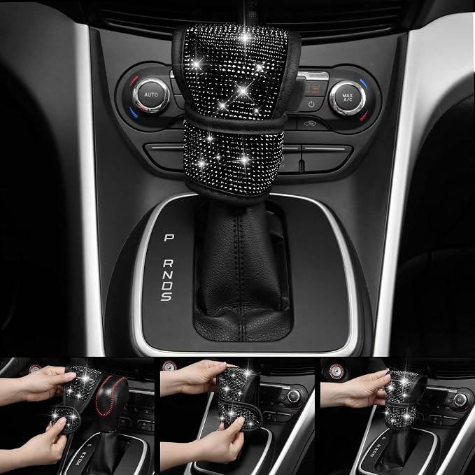 Leather Bling Seat Covers Full Sets 16 pcs, Bling Diamond Car Accessories Set for Women, Sparkly Rhinestone Steering Wheel Cover, Glitter Cute Car Interior Sets for Women Girl, Black Diamond