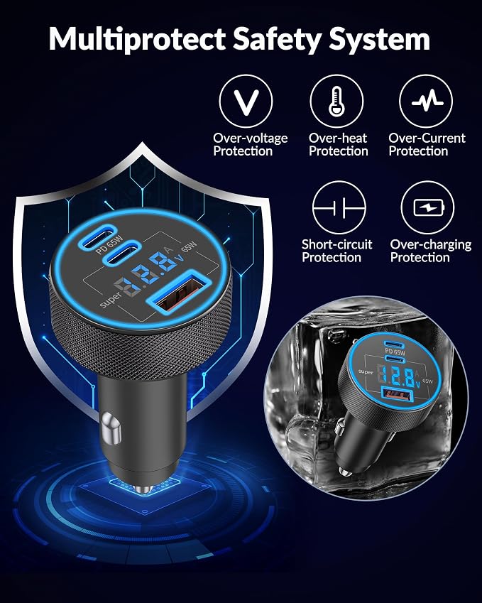 2 Pack 130W 3-Port USB C Super Fast Car Charger (with Voltage Display) for Samsung Galaxy S26/S25/S24/S23/S22 Ultra/Z Fold, Android Phone, Type C Car Charger Adapter Accessories + 240W 3FT USB C Cable