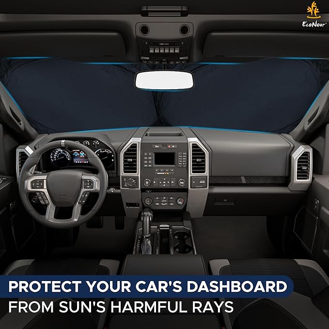 Truck Windshield Sun Shade with Storage Pouch | Reflective 240T Material Sun Shield for UV & Heat Protection | Foldable Windshield Cover | Must-Have Truck Accessories | X-Large (69"x35")