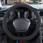14 inch Black Suede D Shaped Steering Wheel Cover, Breathable Non-Slip Sweat-Proof Wear-Resistant No Pilling, Warm in Winter and Cool in Summer