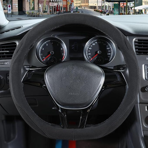 14 inch Black Suede D Shaped Steering Wheel Cover, Breathable Non-Slip Sweat-Proof Wear-Resistant No Pilling, Warm in Winter and Cool in Summer