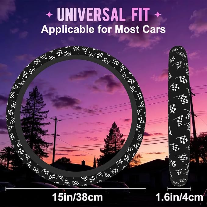 Racing Flag Steering Wheel Cover for Women Men Neoprene Breathable Black and White Checkered Flag Wheel Cover Protector Anti-Slip Car Accessories Universal 15 Inch Fit for Cars Trucks Vehicles