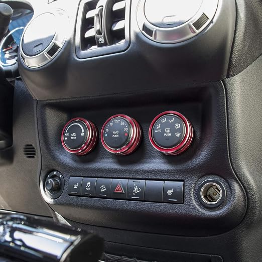 Audio Air Conditioning Button Cover Decoration Twist Switch Ring Trim for Jeep Wrangler JK JKU Patriot 2011-2018, Compass 11-16, Liberty 08-12, Dodge Challenger 08-14 Interior Accessories (Red 3PCS)