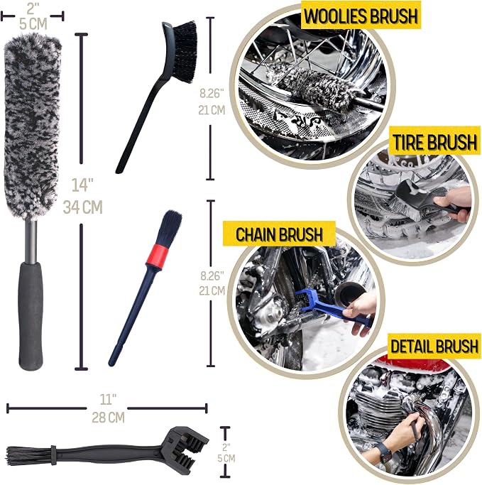 Motorcycle Cleaning Kit 6 Pack Design for Chrome, Woolies Brush, Wool Wash Mitt, Tire&Chain Brush, Detailing Brush& Ultra Plush Towel for Motorcycle& Bike Chrome Painted, Rims, Exhaust, Surface