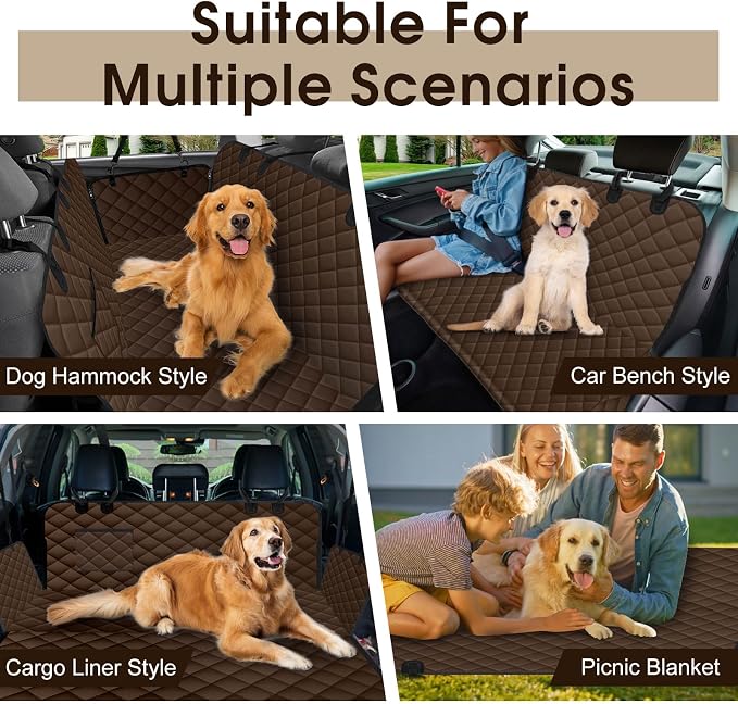 Waterproof Dog Car Seat Cover for Back Seat, Pet Hammock- L, Coffee/Black | Durable waterproof hammock with nonslip design & storage pockets. Protects seats from scratches, fits cars, SUVs & trucks.