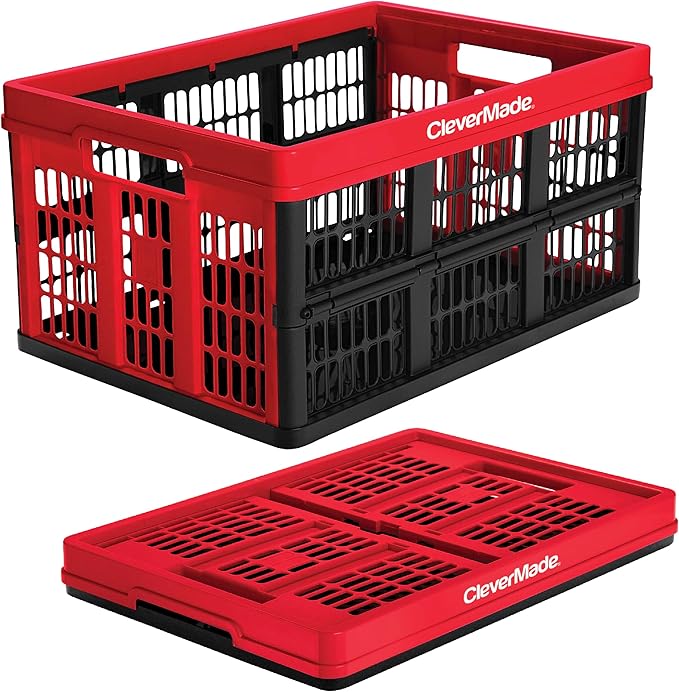 Collapsible Utility Crates - Red 1pck 45L / 11 Gal holds 66 lbs - Stackable Containers Heavy Duty Capacity Crates Space-Saving Baskets
