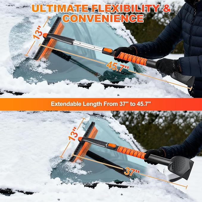 45.7" Extendable Snow Brush and Larger Ice Scrapers for Car Windshield, Scratch-Free Snow Brush with 360° Pivoting Head & Non-Slip Foam Grip, Ice Removal Tool for Car, SUV, Trucks