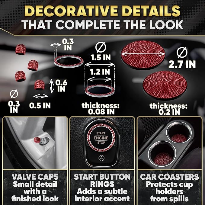 Red Bling Car Accessories Set, 27 Pieces Car Interior Set Including Steering Wheel Cover, Diamond License Plate Frame, Phone Holder, Coasters, Hooks, Great Gift for Women Drivers