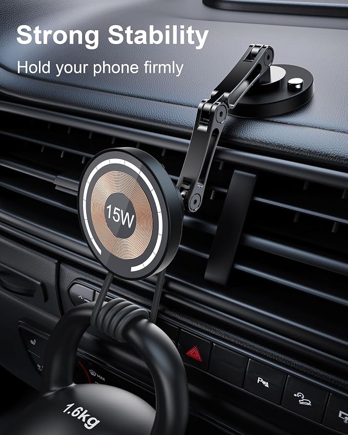 Magnetic Wireless Car Mount Charger, 15W Fast Charging for MagSafe Car Mount,Magnetic Car Phone Holder Mount, Car Cell Phone Holder Fit iPhone 17 16 15 14 13 12 All Smartphones