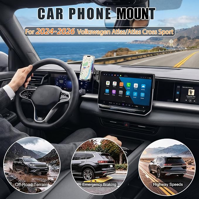 Car Phone Mount for 2024–2026 Volkswagen Atlas/Atlas Cross Sport, Smart Auto-Clamping on 12" Touchscreen, 15W Wireless Fast Charging, 360° Adjustable, Without Blocking Airflow