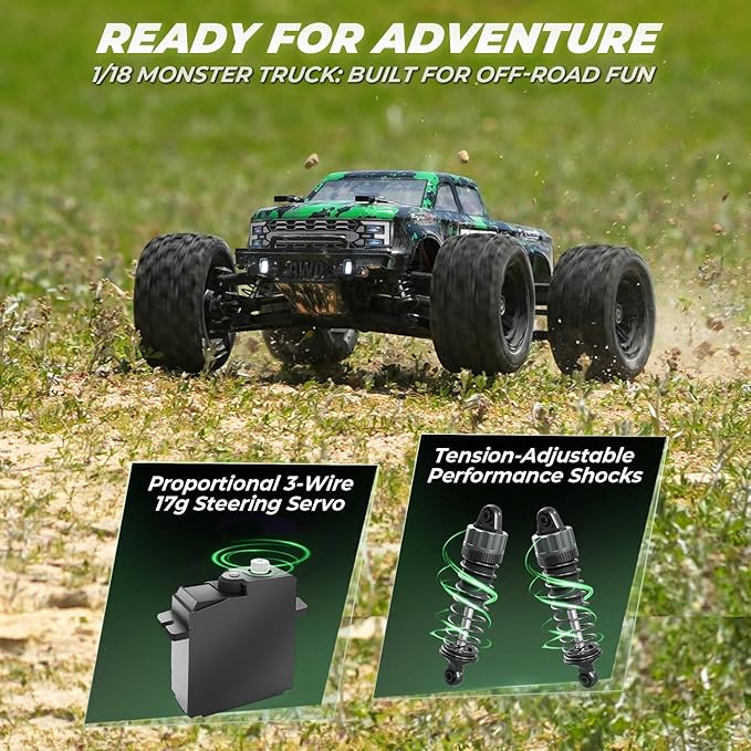 1:18 Scale RC Truck 18859E, 4X4 Off-Road Vehicle with Speeds up to 36km/h, Hobby Grade 2.4GHz Remote Control, Water-Resistant Electronics, Two 7.4V Li-Po Batteries for Extended Playtime