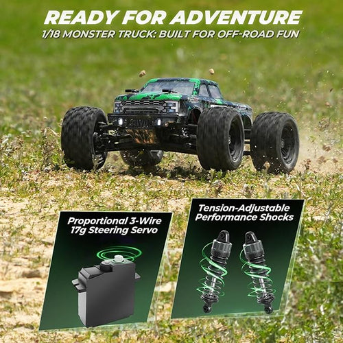 1:18 Scale RC Truck 18859E, 4X4 Off-Road Vehicle with Speeds up to 36km/h, Hobby Grade 2.4GHz Remote Control, Water-Resistant Electronics, Two 7.4V Li-Po Batteries for Extended Playtime