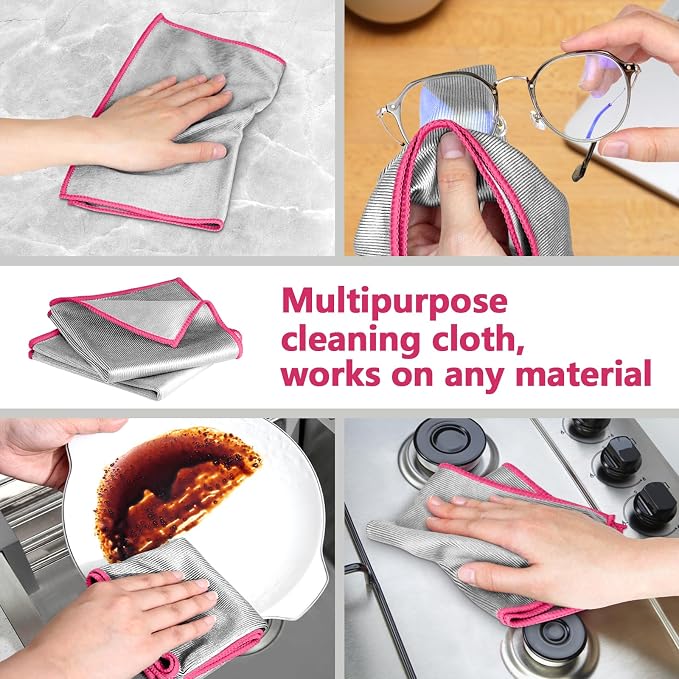 Airlab Glass Polishing Cloth Streak Free Miracle Cleaning Cloth Lint Free Microfiber Cleaning Rags for Glasses Kitchen Dish Mirrors Easy Clean, Pack of 6, 12" x 12", Sliver-Pink