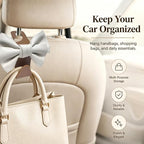 2 Pack Car Purse Hooks, Cute Bow Car Seat Headrest Hook Hanger for Purses and Bags, Space-Saving Car Accessory (White brown)