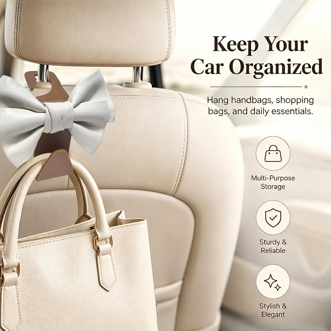 2 Pack Car Purse Hooks, Cute Bow Car Seat Headrest Hook Hanger for Purses and Bags, Space-Saving Car Accessory (White brown)