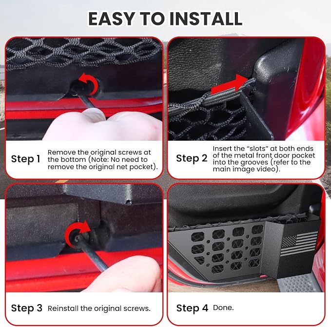 Metal Rear Door Pocket Storage Box for Jeep Wrangler JL JLU 4XE 2018-2026 & Gladiator JT 2020-2023 2023 2024 2025 2026 Accessories Door Storage Organizer Molle Panels, Flag, 2PCS
