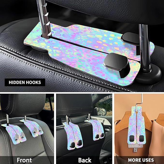 Car Seat Headrest Hook, Universal Leather Cute Hanger Holder Hook, Storage Organizer Interior Accessories for Purse Bags Handbag Funny Colorful Leopard