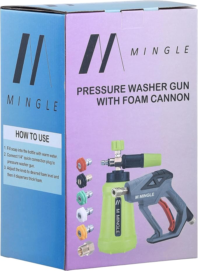 High Pressure Washer Gun Snow Foam Lance, 4000 PSI Cannon Foam Blaster Power Washer with 1/4" Quick Connector, Car Wash Foam Cannon Kit with 5 Pressure Washer Nozzle Tips, 1 Liter