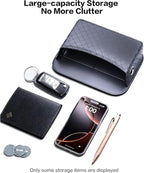 Self-Adhesive Car Seat Side Pocket Organizer with Cable Port - Black PU Leather Storage Pouch for Phone & Keys, Fits Gaps, Console & Door （Glossy Black）
