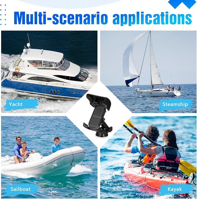 1 Pack Boat Phone Holder, Marine Cell Phone Holder with Sunshade, Black 360 Degree Adjustable Suction Cup, Smartphone Accessory for Boat Rail, Car, Cycling, Pontoon and Outdoor Use