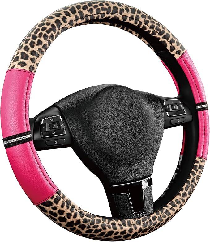 Leopard Steering Wheel Cover for Women, Cute Anti-Slip Microfiber Leather, Universal Fit 14.5-15 Inch Round Steering Wheel - HotPink