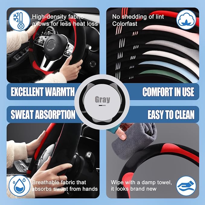 Furry Cute Soft Steering Wheel Cover 14 inch Black with Gray | Fluffy Short Plush Car Accessories, Non-Slip Cold-Proof Sweat-Proof Colorfast, Small 13.5 inch to 14 inch