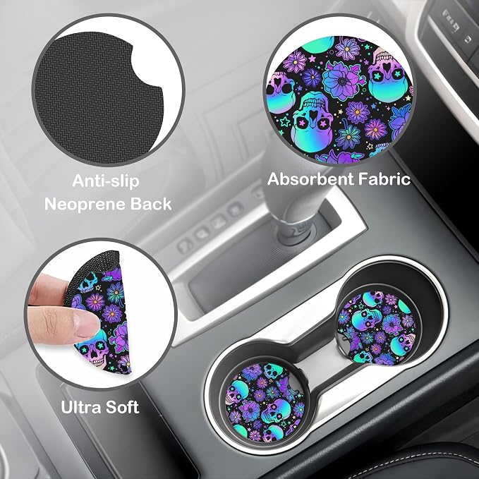 Neon Skull and Flower Steering Wheel Cover with 2 Pcs Car Coasters Neoprene Steering Wheel Cover for Women Men Anti-Slip Breathable Car Accessories Universal 15 Inch Fit Auto Cars Trucks