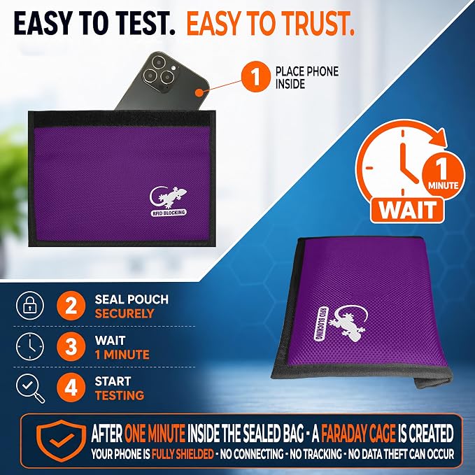 Faraday Bag for Phones, Key Fobs & RFID Cards – Shielding Privacy Pouch for Personal Device Storage, Travel-Friendly RFID Blocking Sleeve Accessory - PURPLE