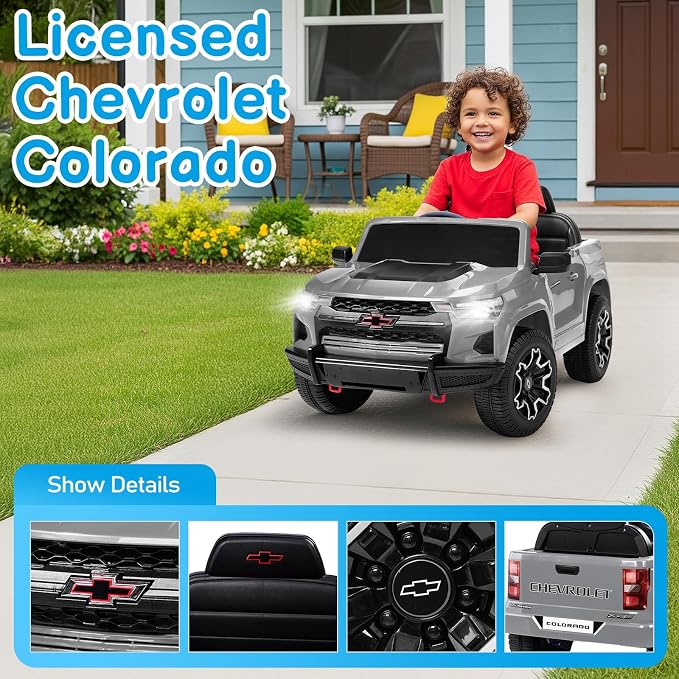 Licensed Chevrolet Colorado Electric Car for Kids, 12V Ride on Toys for Toddlers with Remote Control, Battery Powered Electric Car Ride On Vehicle w/Bluetooth, Soft Start, LED Lights - Gray