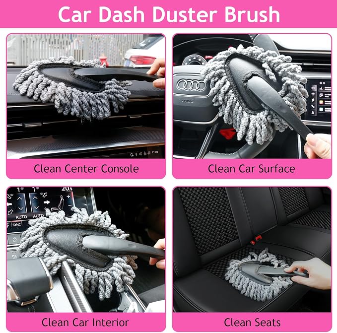 Pink Car Duster Interior Kit, Perfect Car Detailing Brush Kit for Cleaning Windows,Windshield,Dashboard and Air Vents Suitable for All Cars