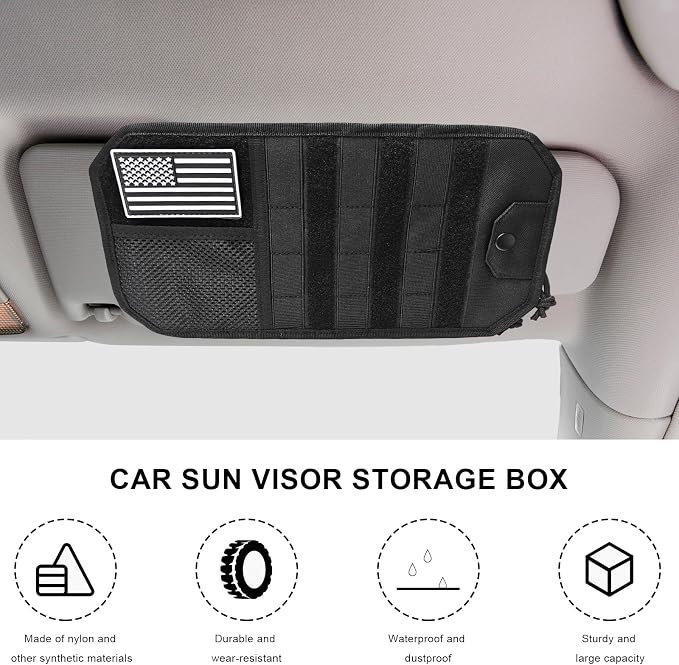 Molle Car Sun Visor Organizer, Multi-Pocket Zippered Visor Pouch with Tactical Panel & Glasses Clip, Sunshade Tactical Gear Storage Organizer for Trucks SUVs Patrol Cars