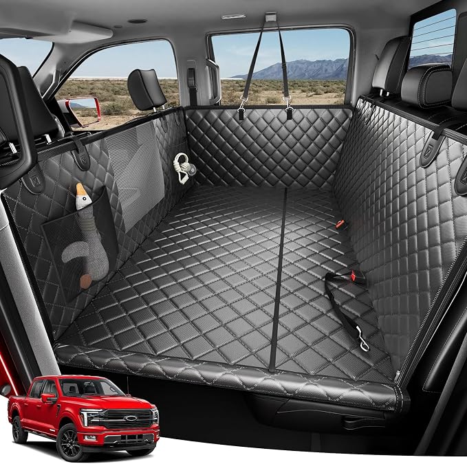 Heavy-Duty Dog Truck Seat Cover, Flat Solid Back Seat Extender for Multi Large Dogs, Hard Bottom Supports 450 lb, Waterproof Hammock Protector, XL for Full-Size Crew Cab Trucks & SUVs, Black