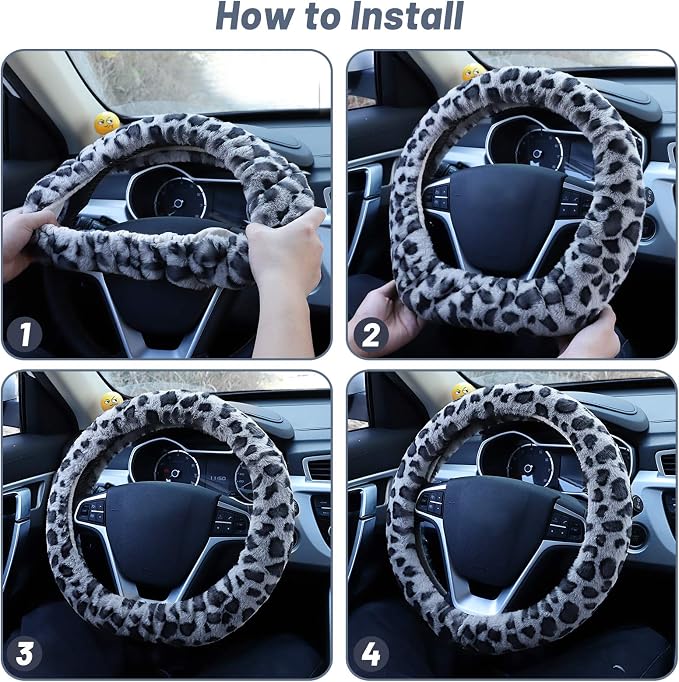 Fuzzy Steering Wheel Cover for Women Girls, Universal Fit Fur Car Wheel Cover & Handbrake Cover & Gear Shift Cover Set, Leopard Winter Warm Fluffy Vehicle Wheel Protector for Auto, SUV