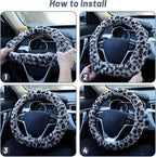 Fuzzy Steering Wheel Cover for Women Girls, Universal Fit Fur Car Wheel Cover & Handbrake Cover & Gear Shift Cover Set, Leopard Winter Warm Fluffy Vehicle Wheel Protector for Auto, SUV