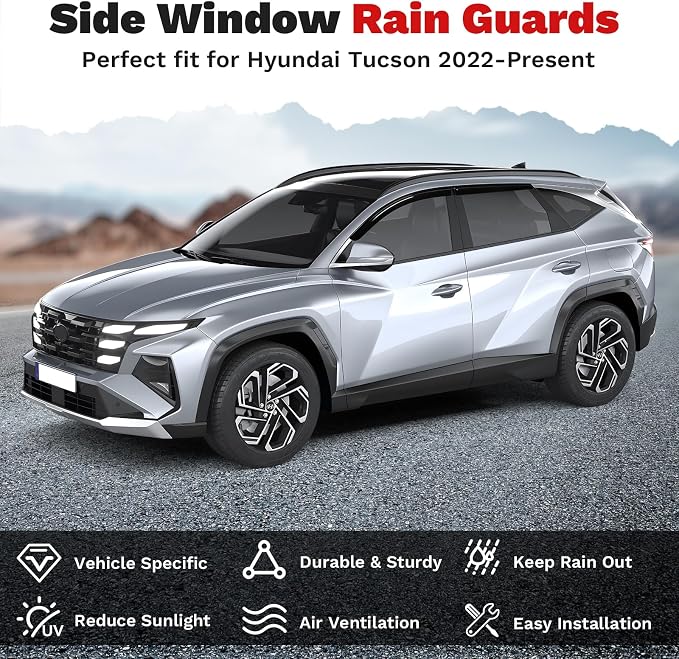 Window Visors Rain Guards for 2022-2025 2026 Hyundai Tucson Accessories, Outside-Mount Tape-On Side Window Wind Deflectors Vent Visors Shades Rainproof Black 4PCS