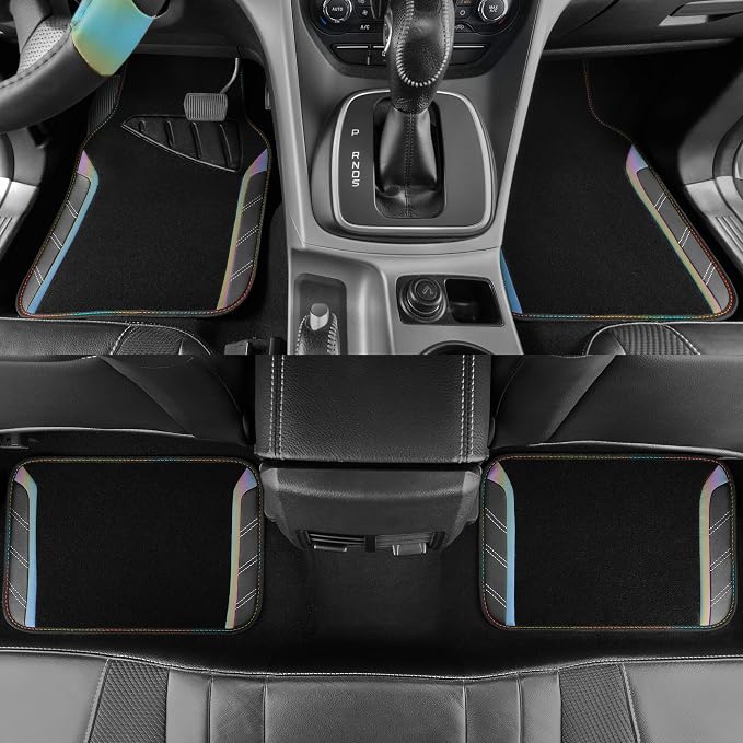 Leather Steering Wheel Cover and Waterproof Car Floor Mats,Microfiber Universal Car Combo Fit for 95% Sedan,SUV,Cars,14.5-15inch Sporty Anti-Slip Safety Comfortable Design(Black＆Reflective)