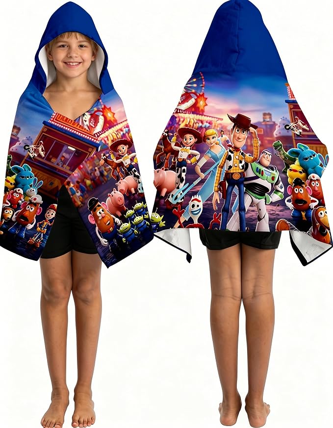 Story Printed Soft Cotton Terry Hooded Towel Wrap, Absorbent Wearable Hooded Towel for Bath Pool Beach, 28 in x 55 in