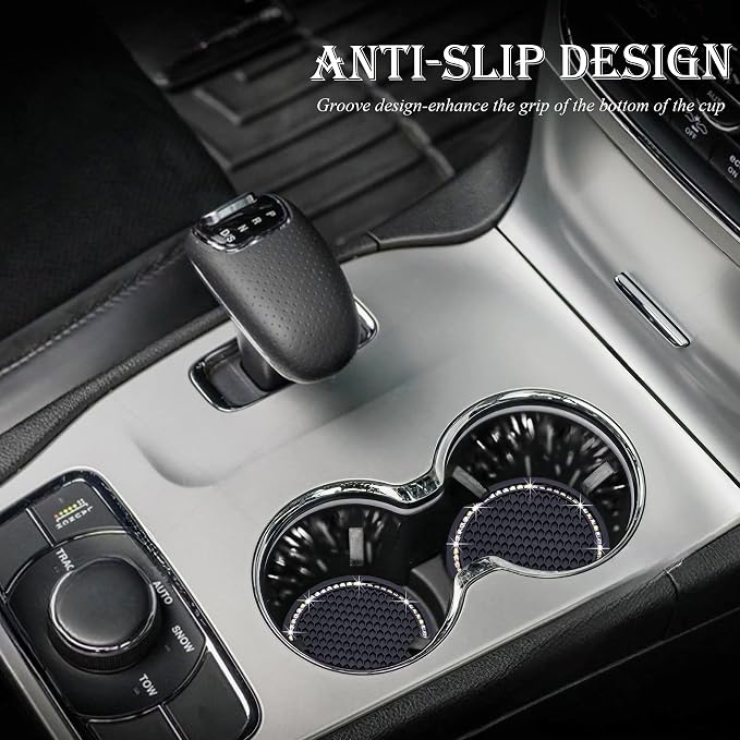 2PCS Bling Cup Holder Coaster, 2.75 Inch Auto Car Cup Holder Insert Coasters, Soft Silicone Anti-Slip Shockproof, Universal Vehicle Interior Accessories for Women Girls (Black & Colorful)