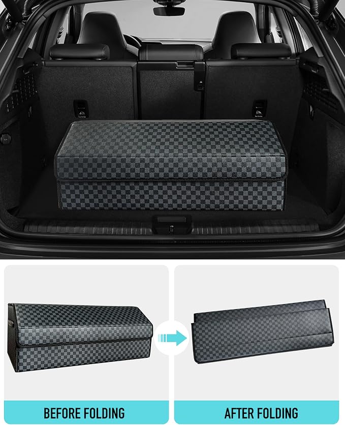 Car Trunk Organizer for SUV and Sedan, Blue-Gray, 29.5 inches | Unique Blue‑Gray Plaid, Extra Large, Leather Storage Box, Magnetic Lid, Collapsible & Adjustable, Water‑Resist & Dust‑Proof
